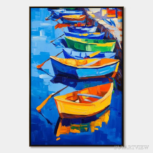 BUYARTVIEW Rainbow Harbor – Vibrant Impasto Boatscape Oil Painting - image 1