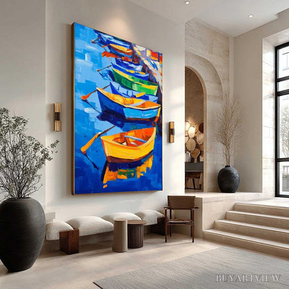 BUYARTVIEW Rainbow Harbor – Vibrant Impasto Boatscape Oil Painting - image 4