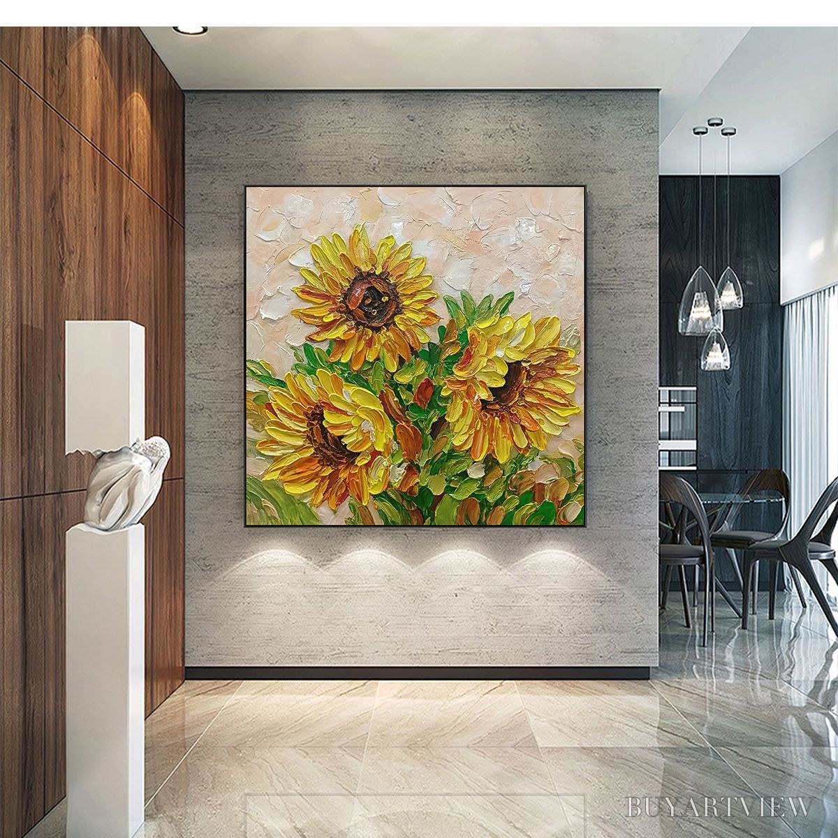 BUYARTVIEW Golden Trio – Impasto Sunflower Oil Painting in Vibrant Yellows - image 2