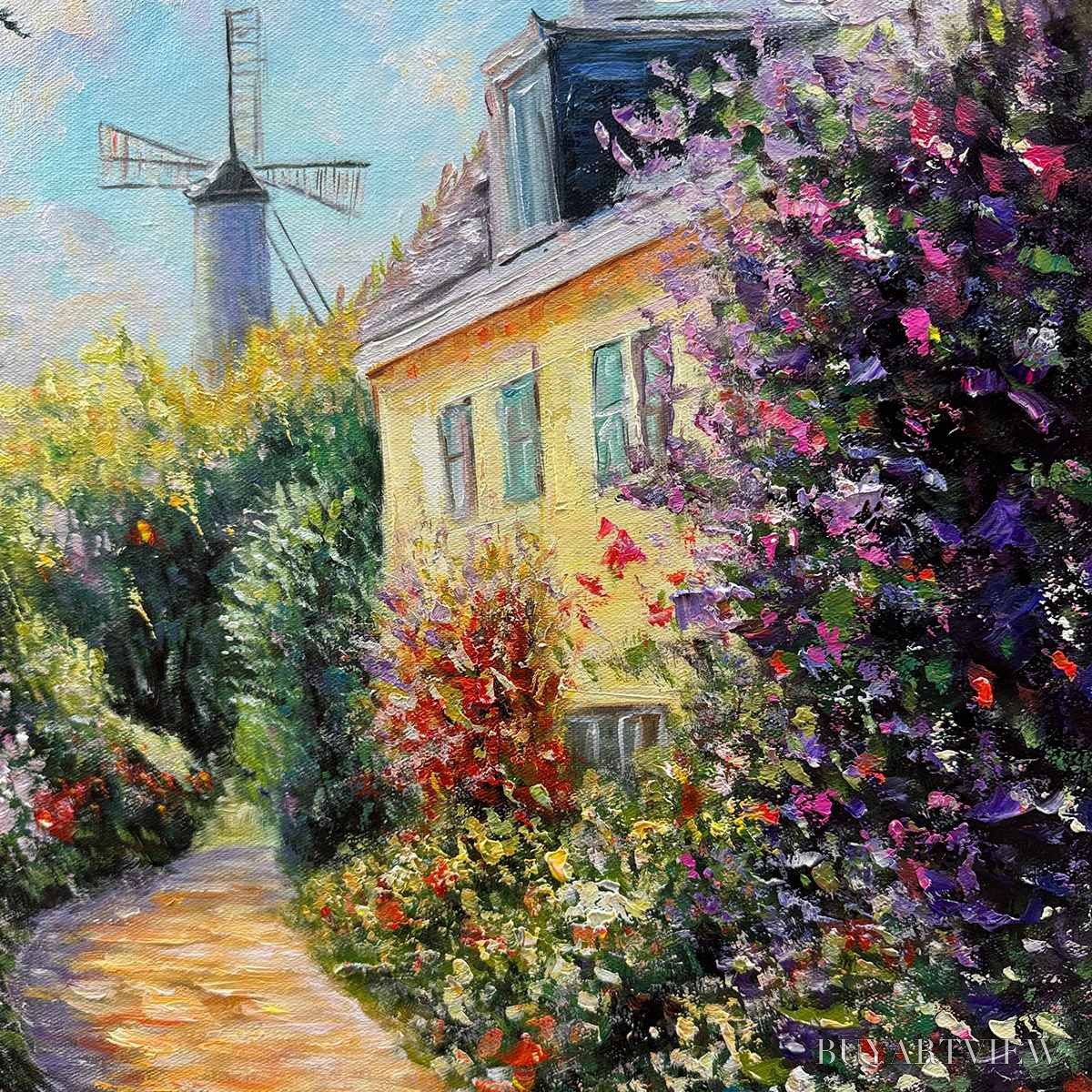 BUYARTVIEW Windmill Way – Charming Village Garden Path Oil Painting - image 5