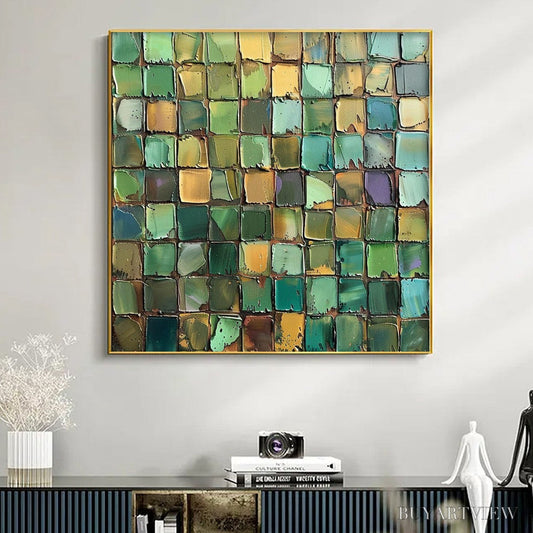 BUYARTVIEW Emerald Mosaic – Textured Abstract Green and Gold Oil Painting - image 2