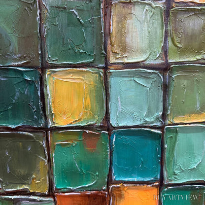 BUYARTVIEW Emerald Mosaic – Textured Abstract Green and Gold Oil Painting - image 3