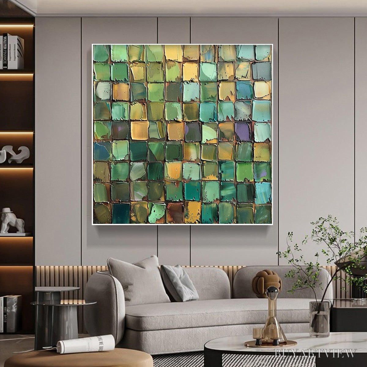BUYARTVIEW Emerald Mosaic – Textured Abstract Green and Gold Oil Painting - image 5