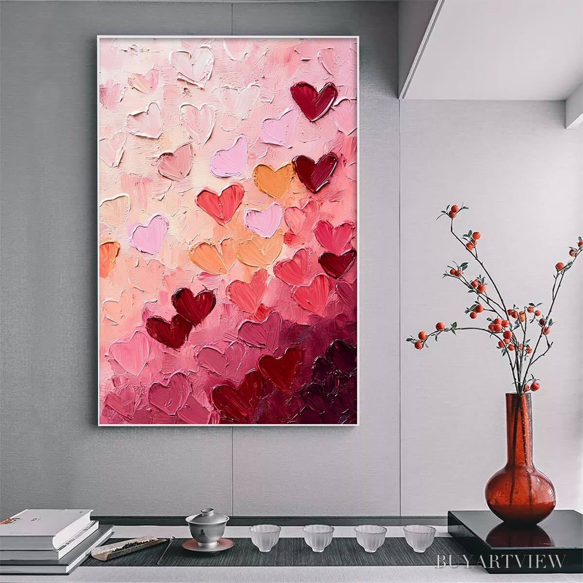 BUYARTVIEW Heartscape – Textured Impasto Abstract Oil Painting in Pink and Red - image 2