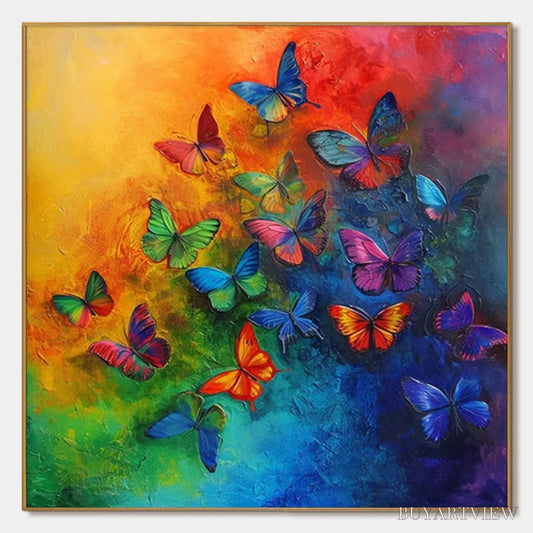 BUYARTVIEW Butterfly Rainbow – Square Colorful Butterfly Oil Painting on Canvas - image 1