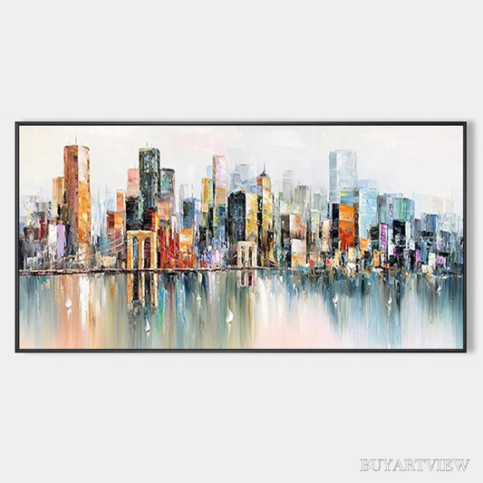 BUYARTVIEW Metropolitan Reflections – Panoramic Cityscape Oil Painting - image 1