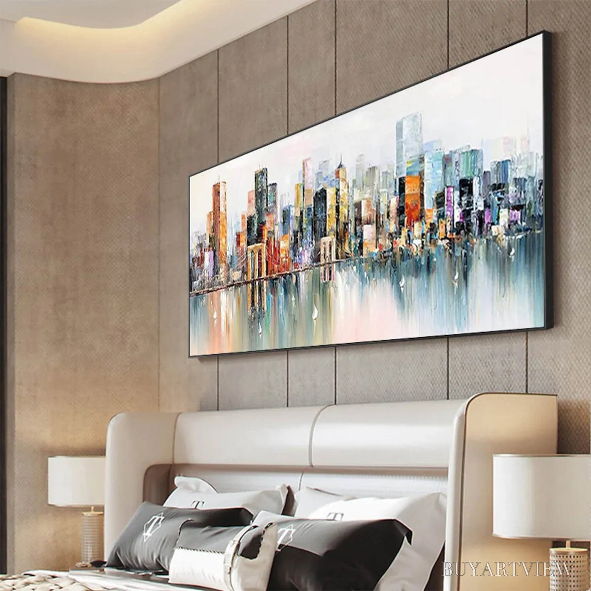 BUYARTVIEW Metropolitan Reflections – Panoramic Cityscape Oil Painting - image 4