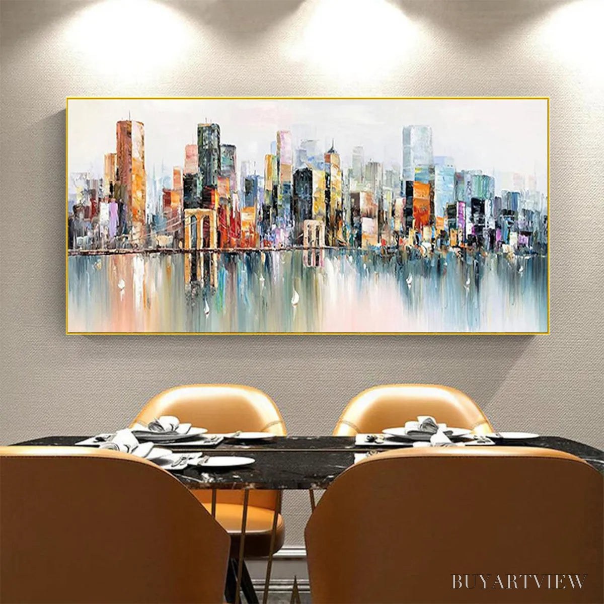 BUYARTVIEW Metropolitan Reflections – Panoramic Cityscape Oil Painting - image 6
