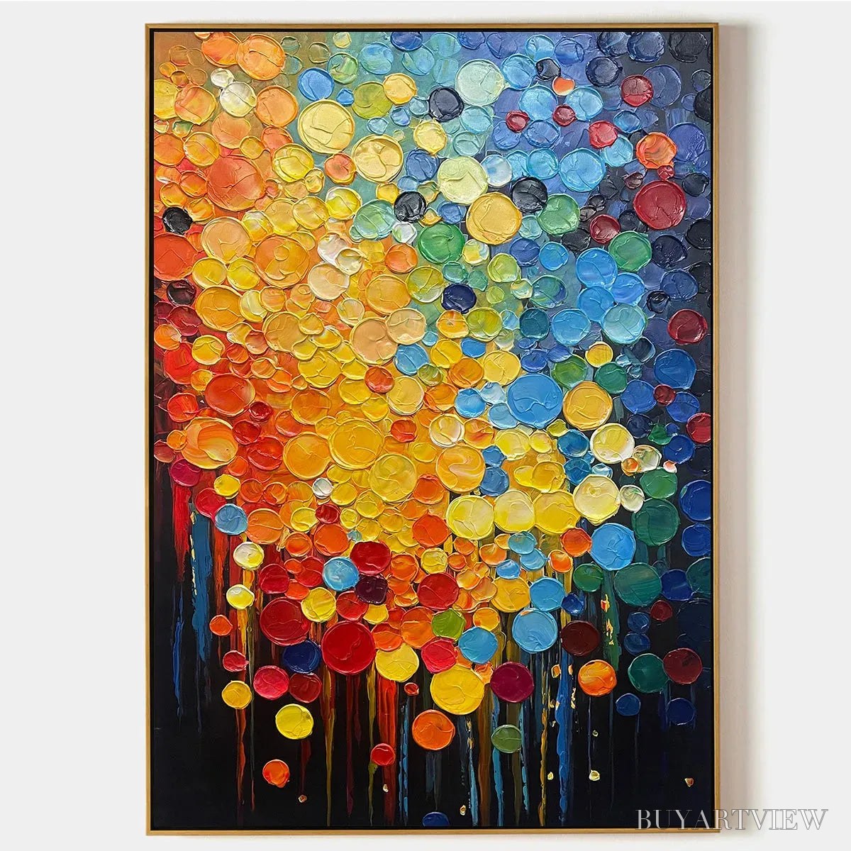 BUYARTVIEW Rainbow Drops – Vertical Abstract Painting with Colorful Circles, Textured Impasto, Modern - image 1