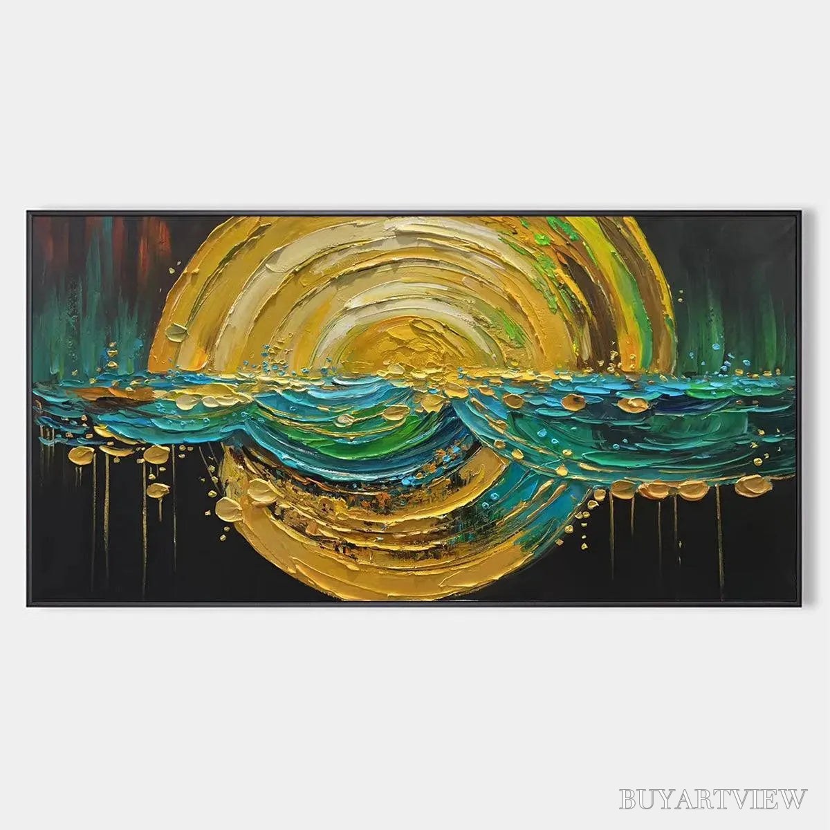BUYARTVIEW Abstract Sunburst Oil Painting - Gold and Green Art - image 1