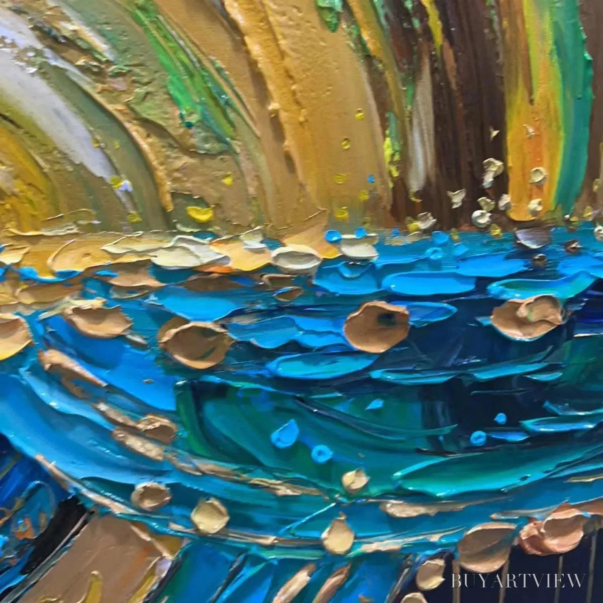 BUYARTVIEW Abstract Sunburst Oil Painting - Gold and Green Art - image 3