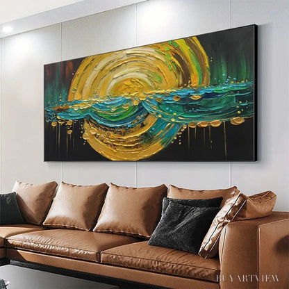 BUYARTVIEW Abstract Sunburst Oil Painting - Gold and Green Art - image 4
