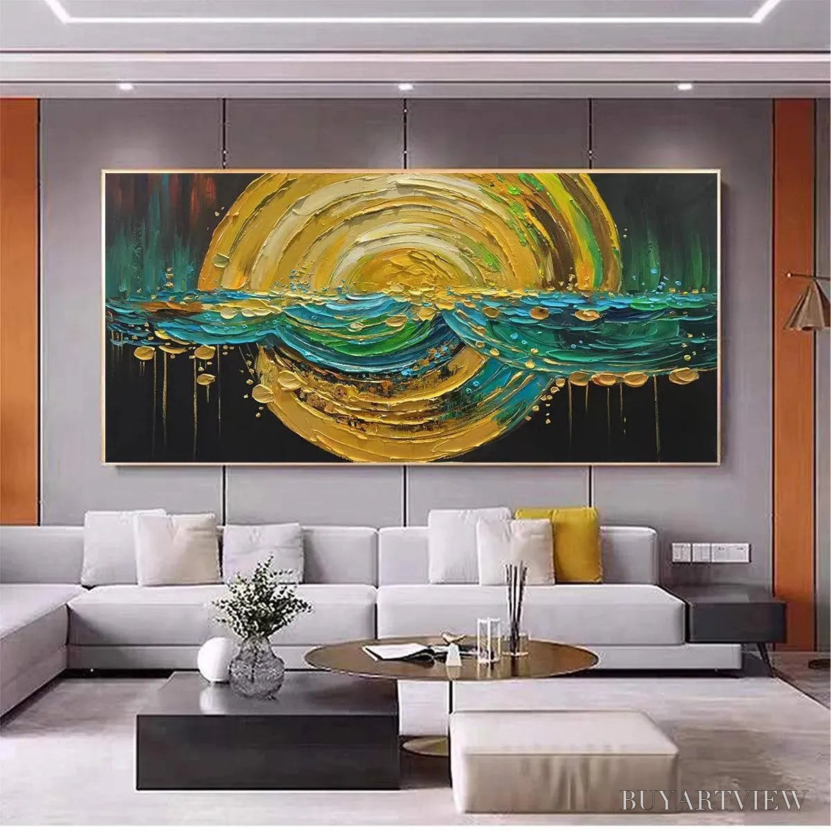 BUYARTVIEW Abstract Sunburst Oil Painting - Gold and Green Art - image 6