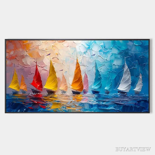 BUYARTVIEW Regatta – Textured Sailboat Painting, Impasto , Panoramic Canvas, Coastal Decor - image 1