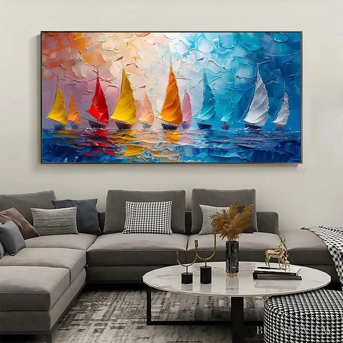 BUYARTVIEW Regatta – Textured Sailboat Painting, Impasto , Panoramic Canvas, Coastal Decor - image 2