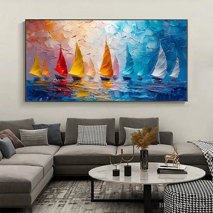 BUYARTVIEW Regatta – Textured Sailboat Painting, Impasto , Panoramic Canvas, Coastal Decor - image 2
