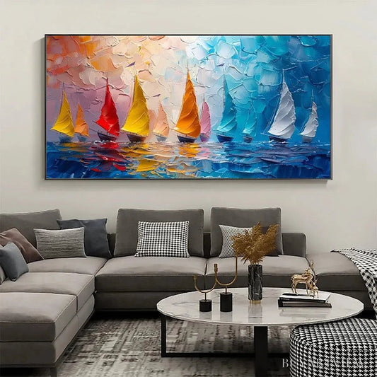BUYARTVIEW Regatta – Textured Sailboat Painting, Impasto , Panoramic Canvas, Coastal Decor - image 2