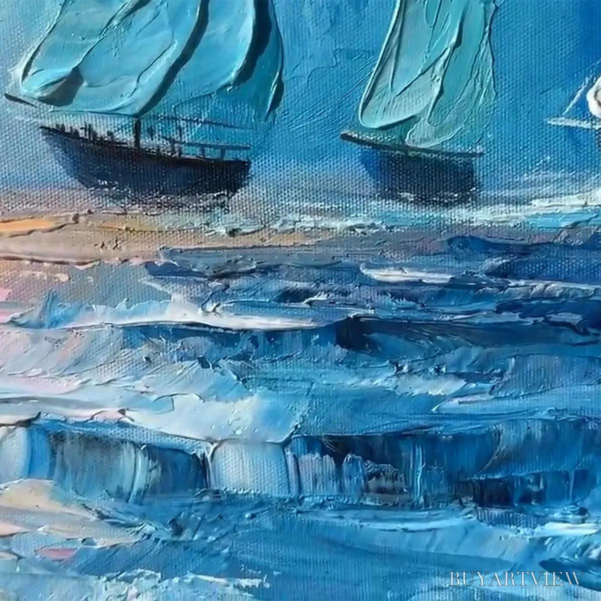 BUYARTVIEW Regatta – Textured Sailboat Painting, Impasto , Panoramic Canvas, Coastal Decor - image 3