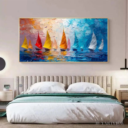 BUYARTVIEW Regatta – Textured Sailboat Painting, Impasto , Panoramic Canvas, Coastal Decor - image 4