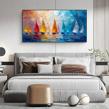 BUYARTVIEW Regatta – Textured Sailboat Painting, Impasto , Panoramic Canvas, Coastal Decor - image 5