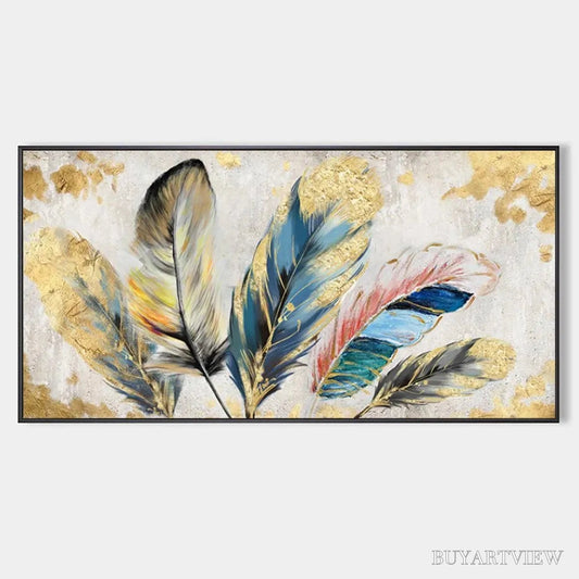 BUYARTVIEW Golden and Blue Feathers – Vibrant Feather Painting, Horizontal - image 1