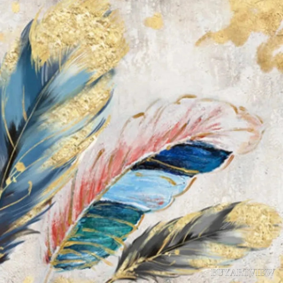 BUYARTVIEW Golden and Blue Feathers – Vibrant Feather Painting, Horizontal - image 3