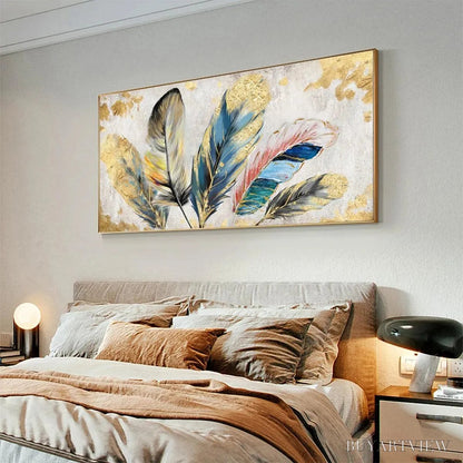 BUYARTVIEW Golden and Blue Feathers – Vibrant Feather Painting, Horizontal - image 4