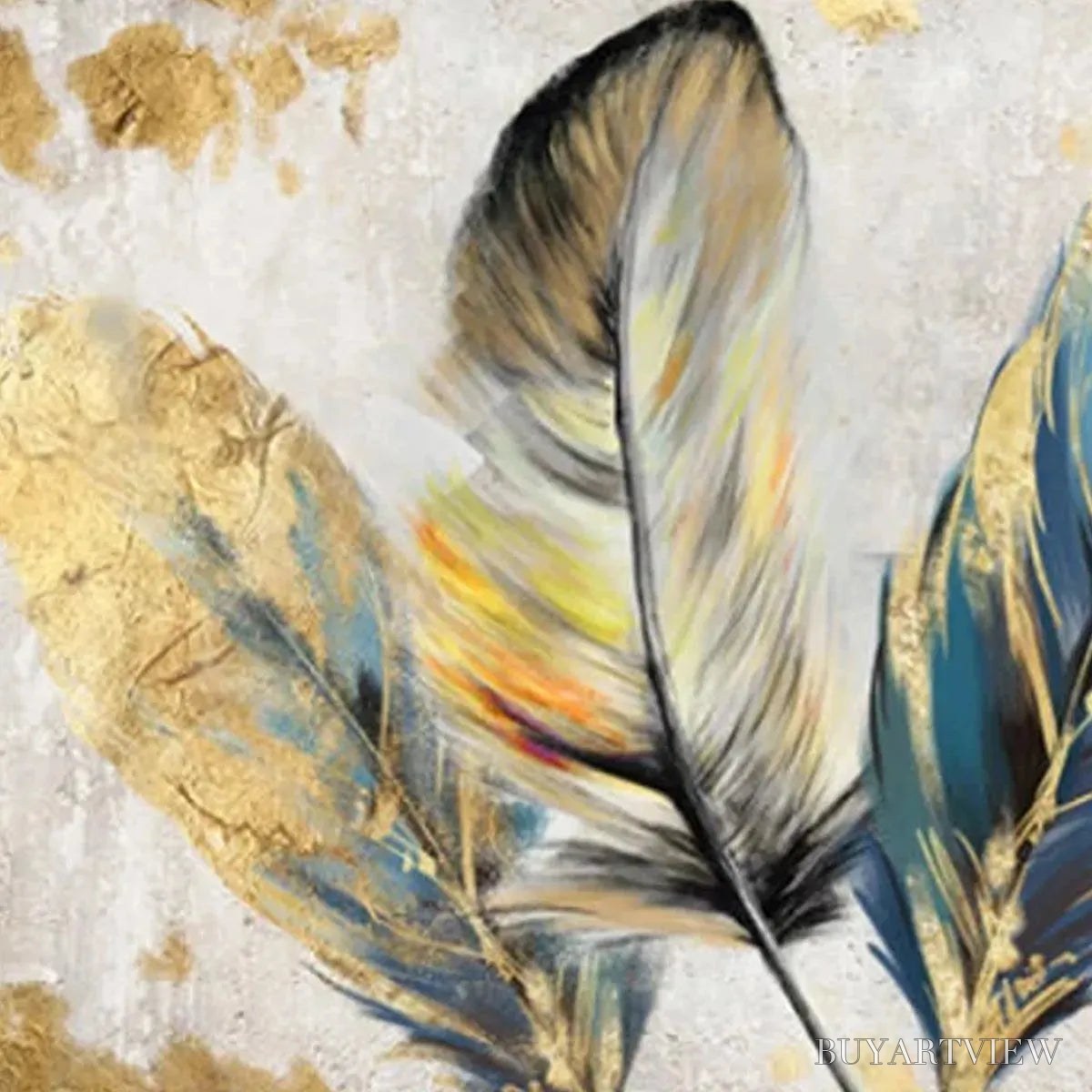 BUYARTVIEW Golden and Blue Feathers – Vibrant Feather Painting, Horizontal - image 5