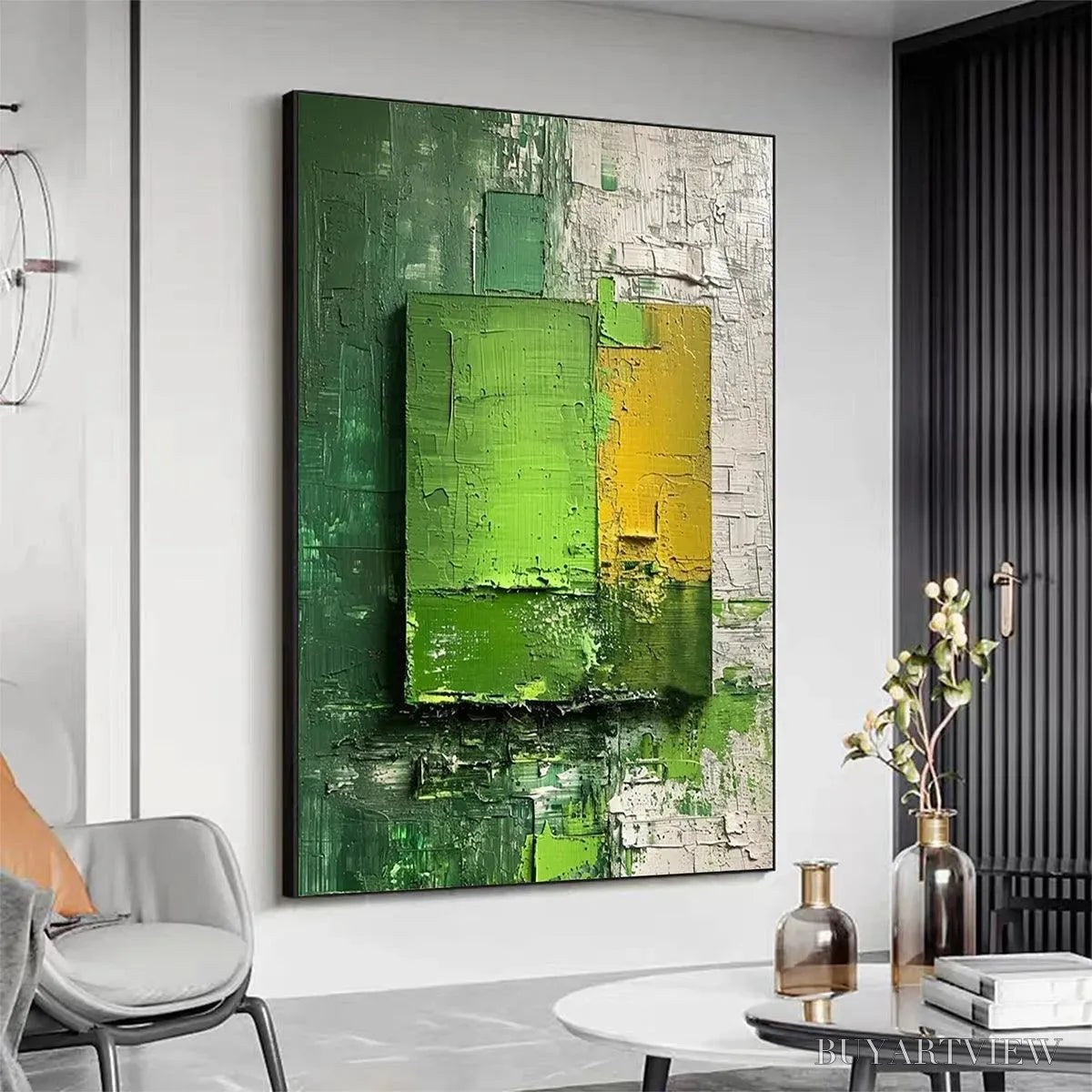 BUYARTVIEW Green and Yellow Textured Blocks – Impasto Abstract Painting, Vertical - image 3