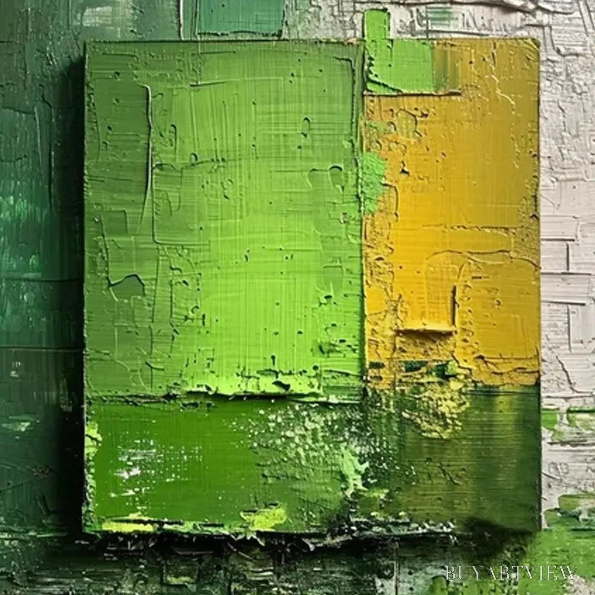 BUYARTVIEW Green and Yellow Textured Blocks – Impasto Abstract Painting, Vertical - image 4