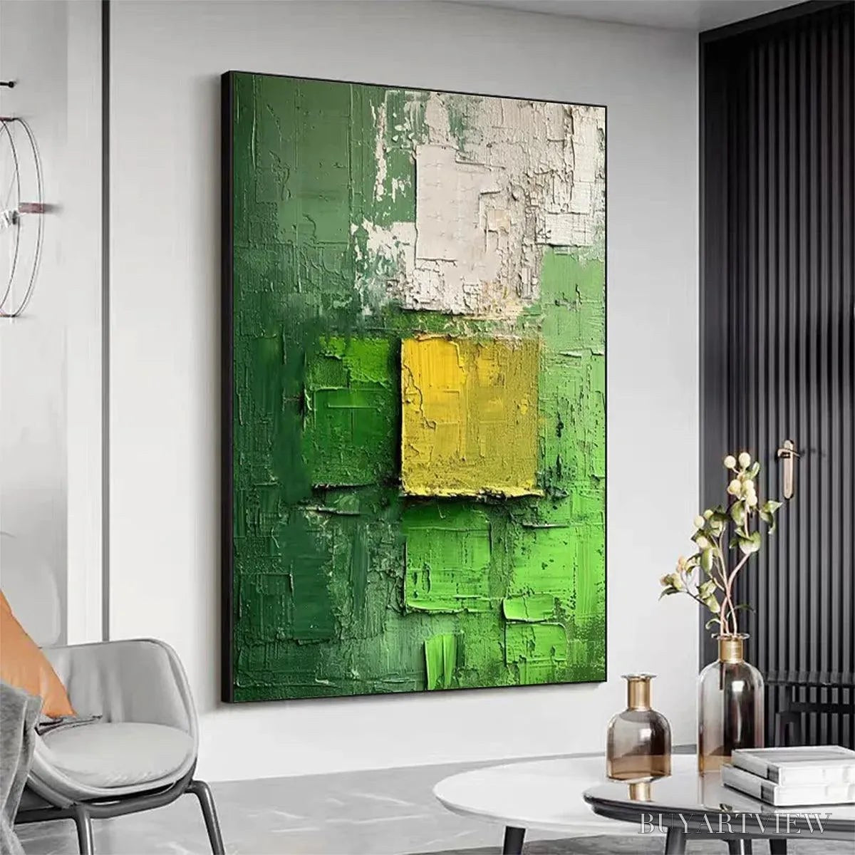 BUYARTVIEW Textured Green and Yellow – Textured Abstract Painting, Vertical - image 3