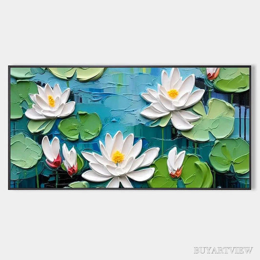 BUYARTVIEW Serene Lotus Pond – Textured Impasto Water Lilies Painting, Horizontal - image 1