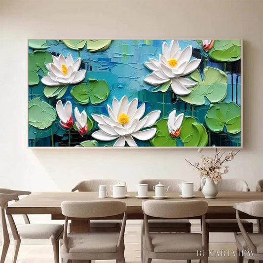 BUYARTVIEW Serene Lotus Pond – Textured Impasto Water Lilies Painting, Horizontal - image 2