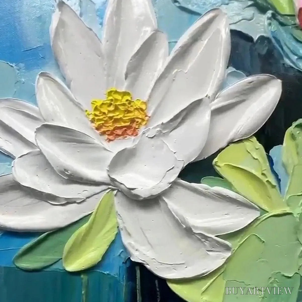 BUYARTVIEW Serene Lotus Pond – Textured Impasto Water Lilies Painting, Horizontal - image 3