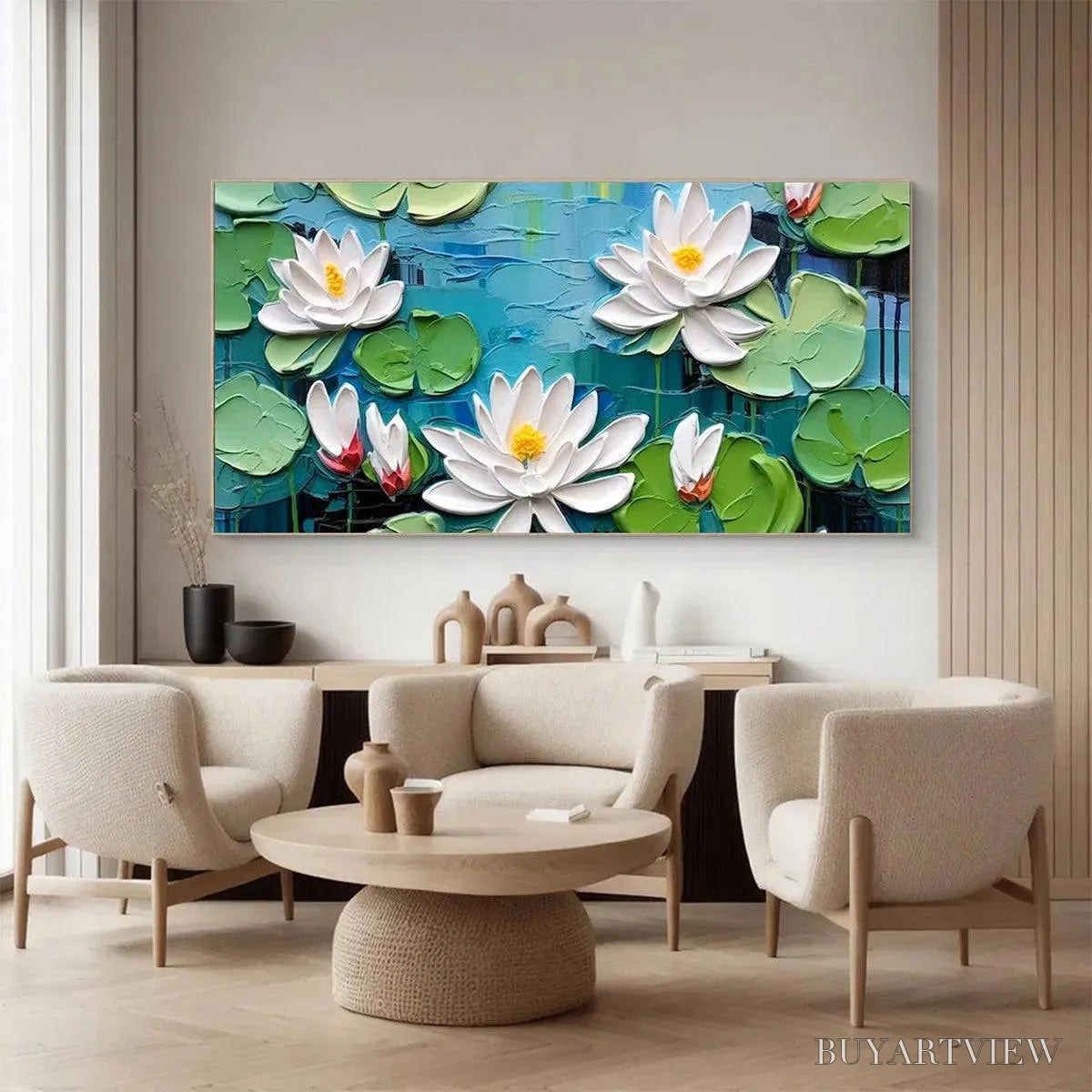 BUYARTVIEW Serene Lotus Pond – Textured Impasto Water Lilies Painting, Horizontal - image 4
