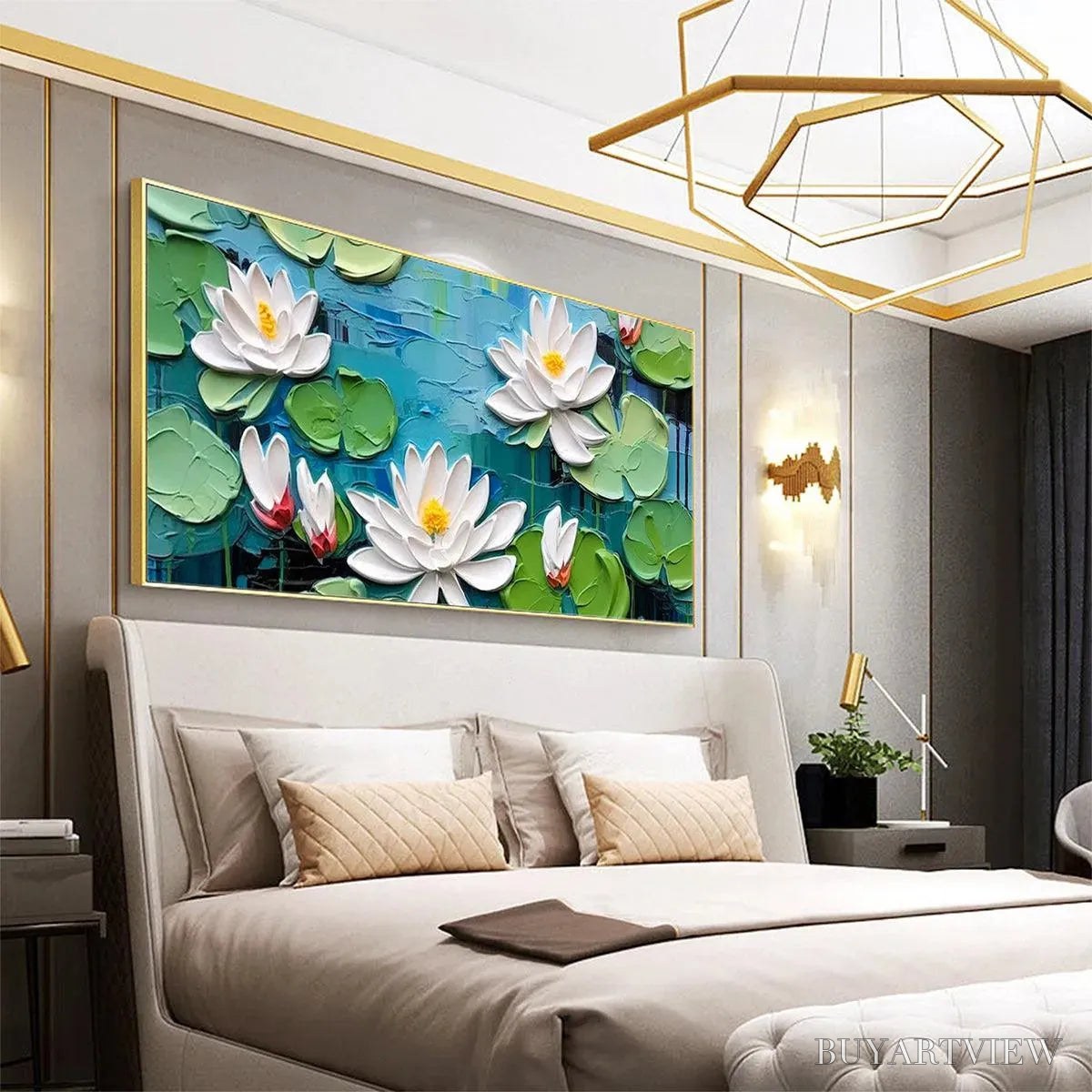 BUYARTVIEW Serene Lotus Pond – Textured Impasto Water Lilies Painting, Horizontal - image 5
