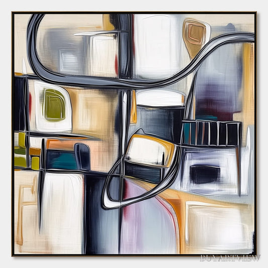 BUYARTVIEW Structured Chaos – Modern Square Abstract Painting with Architectural Lines - image 1