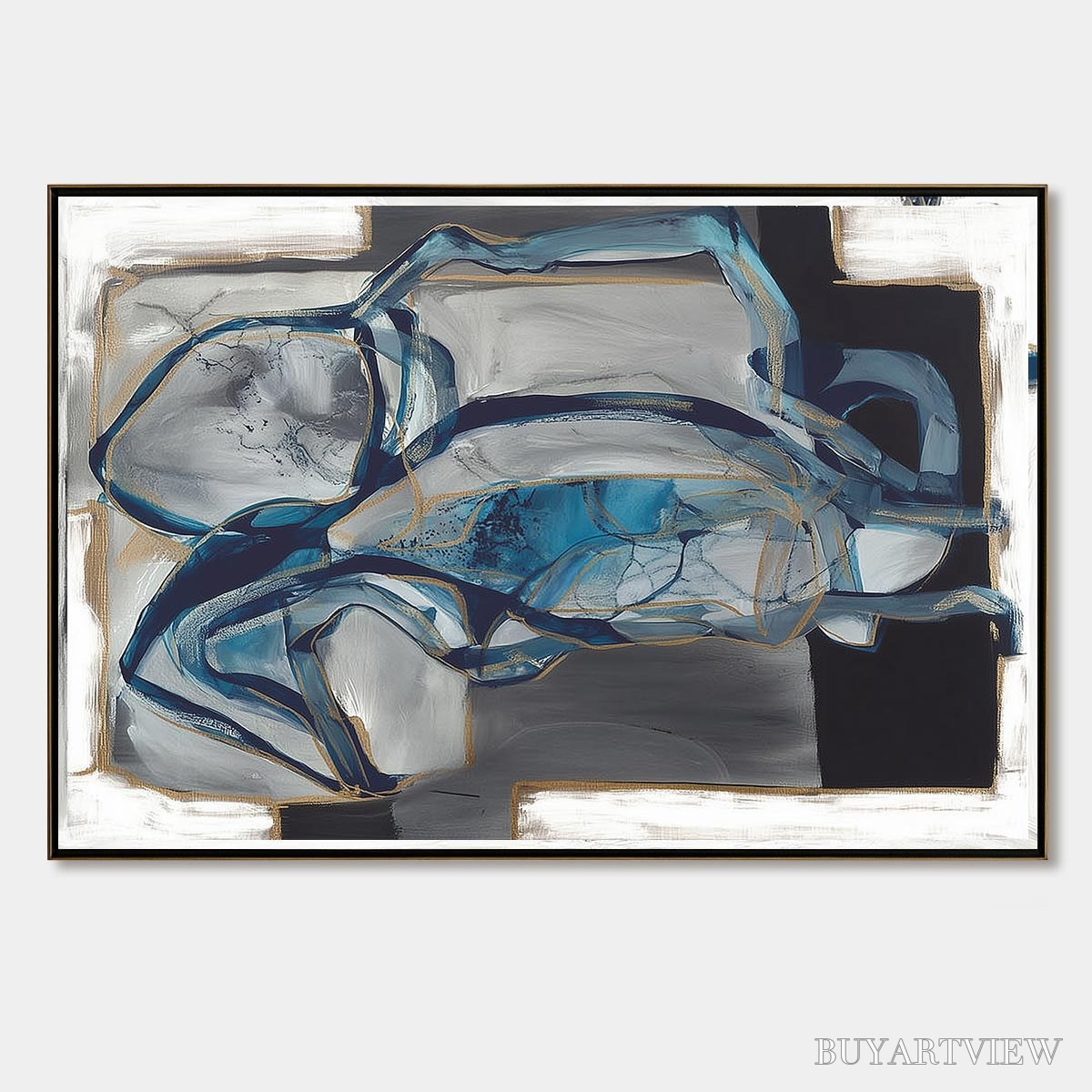 BUYARTVIEW Azure Depths – Abstract Blue and Gold Oil Painting - image 1