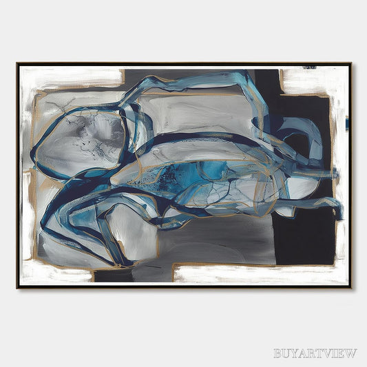BUYARTVIEW Azure Depths – Abstract Blue and Gold Oil Painting - image 1