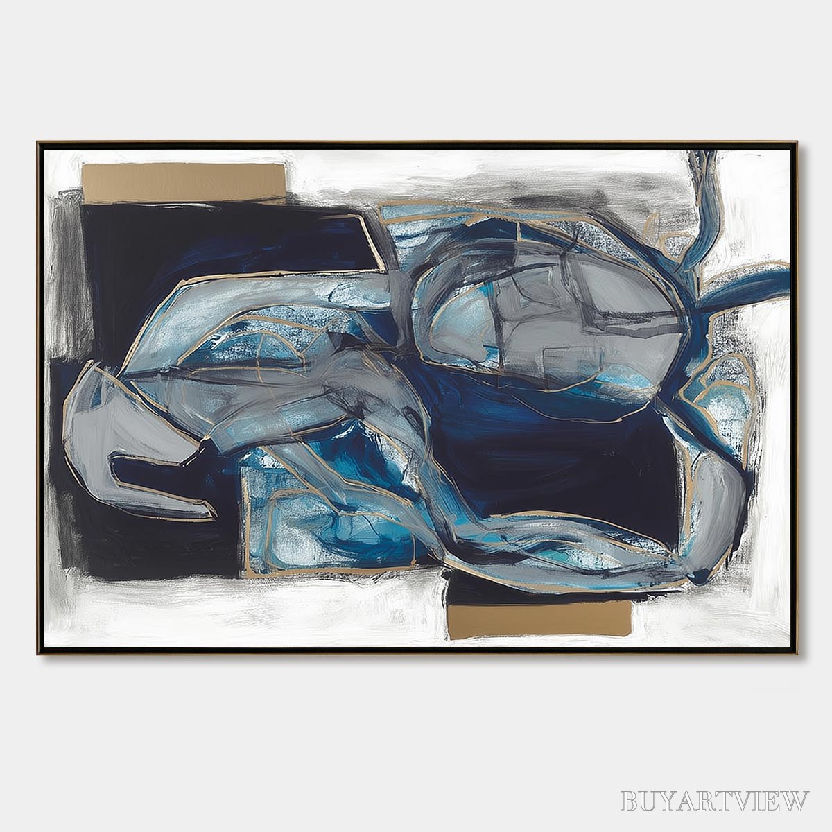 BUYARTVIEW Indigo Dreamscape – Abstract Blue and Gold Oil Painting - image 1