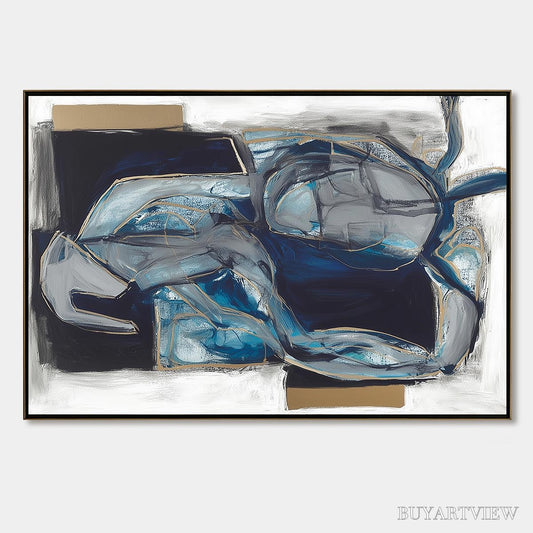 BUYARTVIEW Indigo Dreamscape – Abstract Blue and Gold Oil Painting - image 1