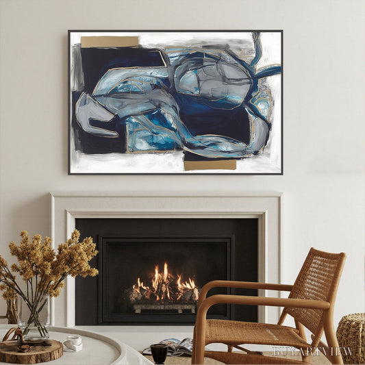 BUYARTVIEW Indigo Dreamscape – Abstract Blue and Gold Oil Painting - image 2