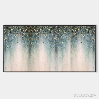 BUYARTVIEW Emerald Rain – Panoramic Abstract Oil Painting with Gold and Green - image 1