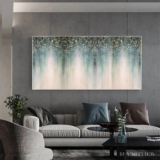 BUYARTVIEW Emerald Rain – Panoramic Abstract Oil Painting with Gold and Green - image 2