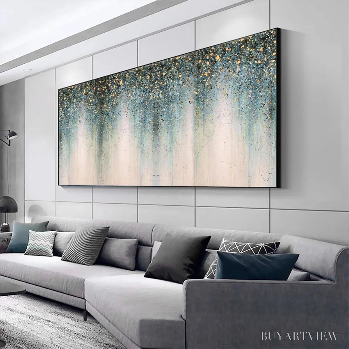 BUYARTVIEW Emerald Rain – Panoramic Abstract Oil Painting with Gold and Green - image 4