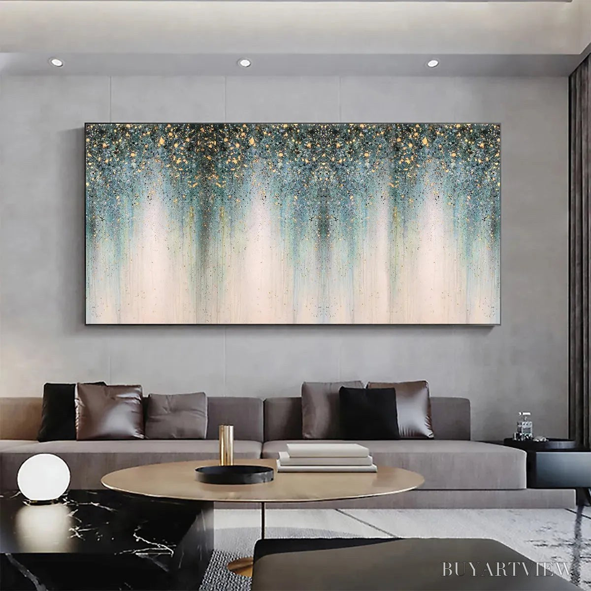 BUYARTVIEW Emerald Rain – Panoramic Abstract Oil Painting with Gold and Green - image 6