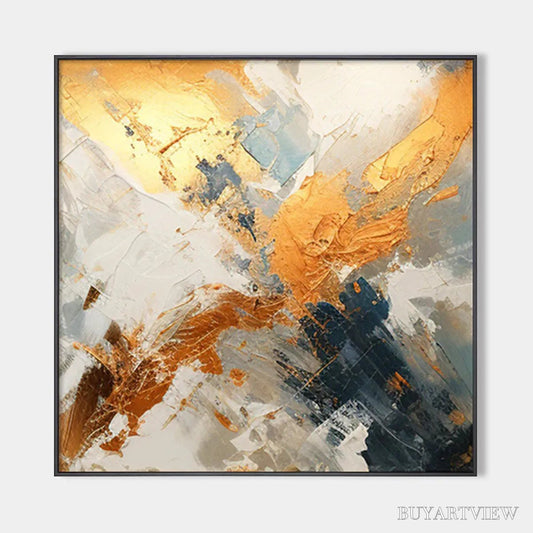 BUYARTVIEW Gilded Confluence – Square Abstract Oil Painting with Gold, and Grey - image 1