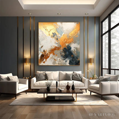 BUYARTVIEW Gilded Confluence – Square Abstract Oil Painting with Gold, and Grey - image 2