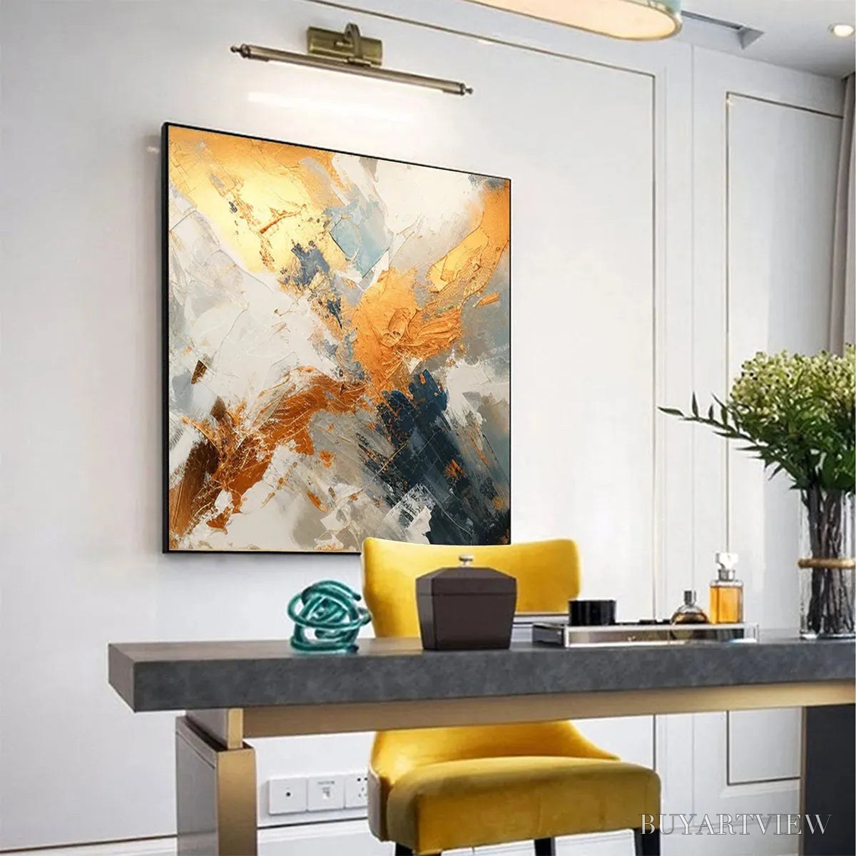 BUYARTVIEW Gilded Confluence – Square Abstract Oil Painting with Gold, and Grey - image 3