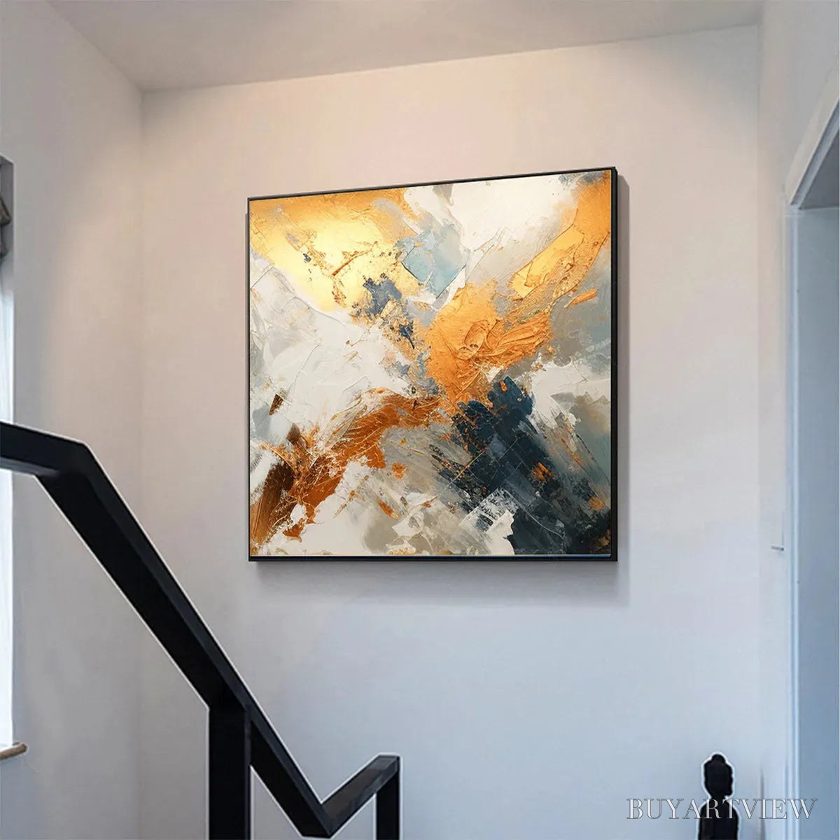 BUYARTVIEW Gilded Confluence – Square Abstract Oil Painting with Gold, and Grey - image 4